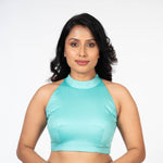 Light Blue Halter Neck Cotton Blouse With Back Closer Front

