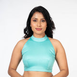 Light Blue Halter Neck Cotton Blouse With Back Closer Front
