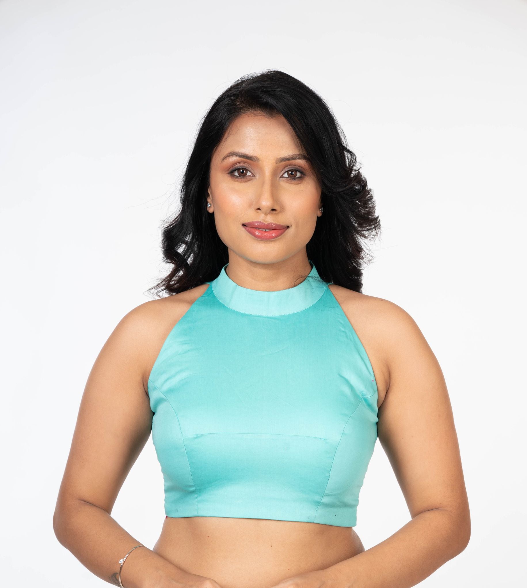 Light Blue Halter Neck Cotton Blouse With Back Closer Front
