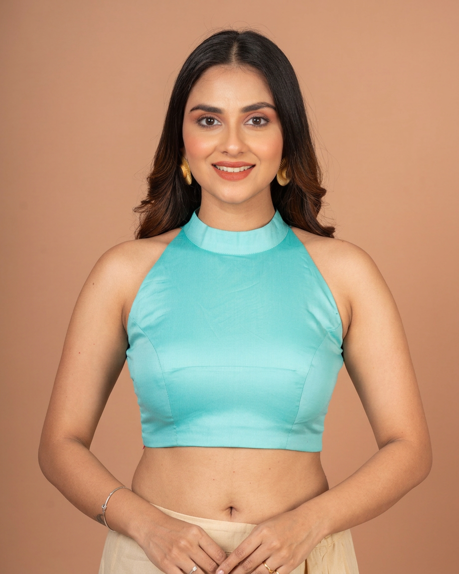 Light Blue Halter Neck Cotton Blouse With Back Closer full