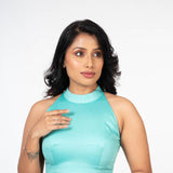 Light Blue Halter Neck Cotton Blouse With Back Closer Side
