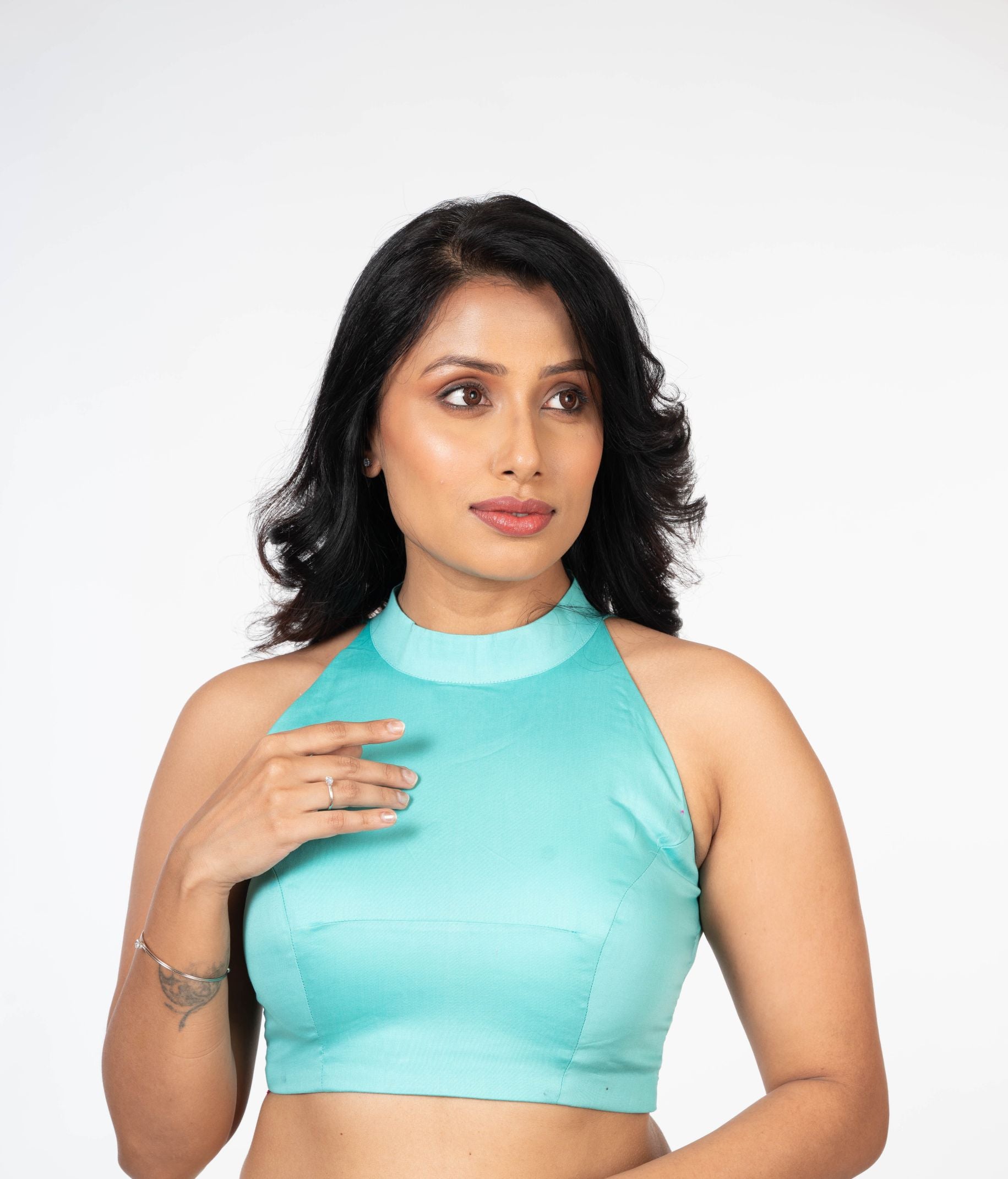 Light Blue Halter Neck Cotton Blouse With Back Closer Side

