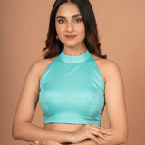 Light Blue Halter Neck Cotton Blouse With Back Closer - Anvi Couture