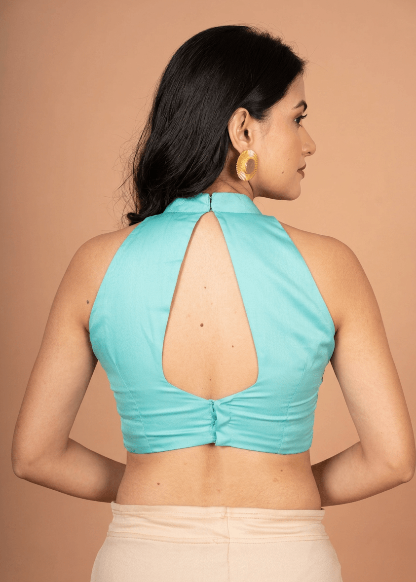 Light Blue Halter Neck Cotton Blouse With Back Closer - Anvi Couture