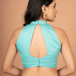 Light Blue Halter Neck Cotton Blouse With Back Closer - Anvi Couture