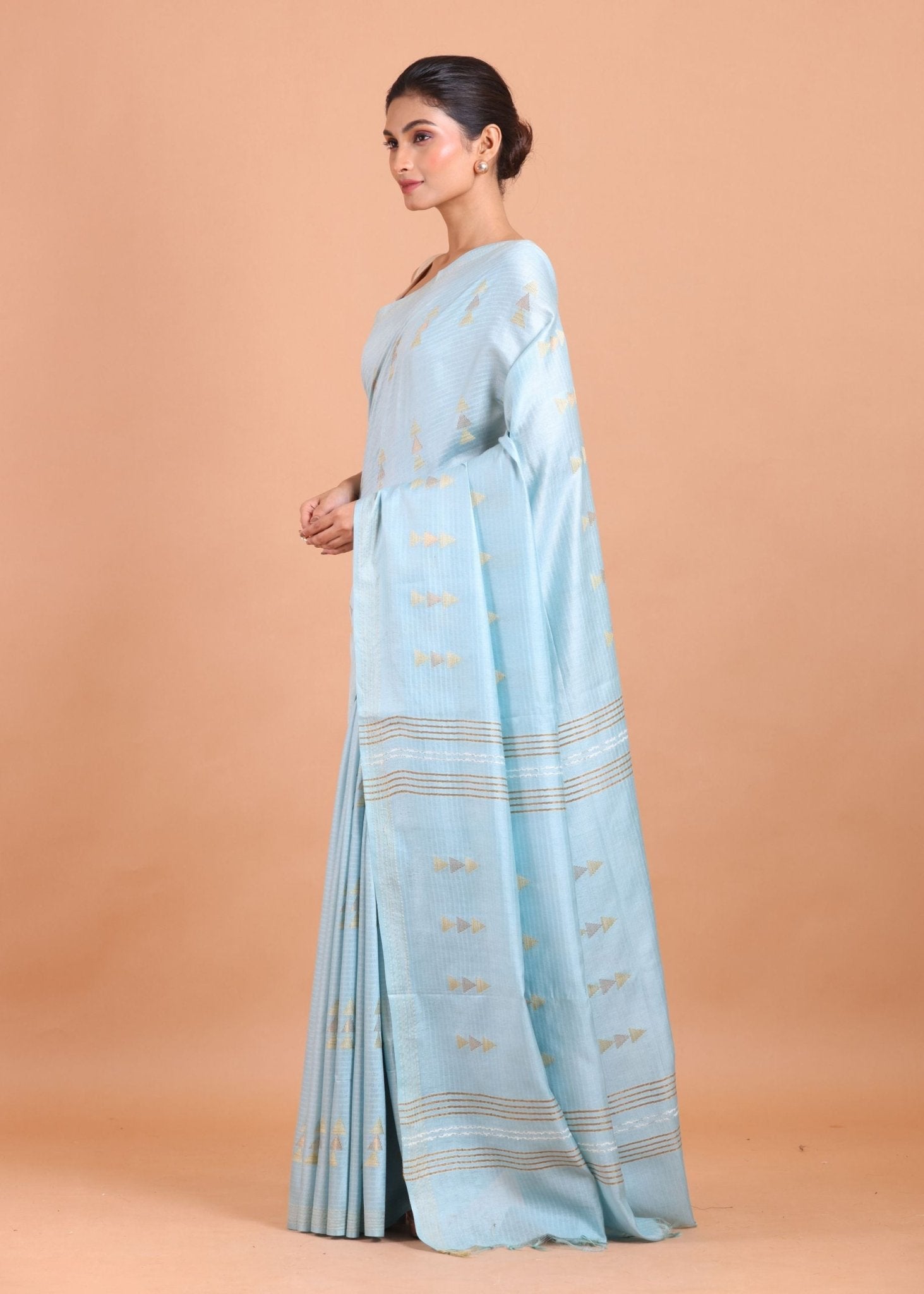 Light Blue Handloom Chanderi Silk Saree - Anvi Couture