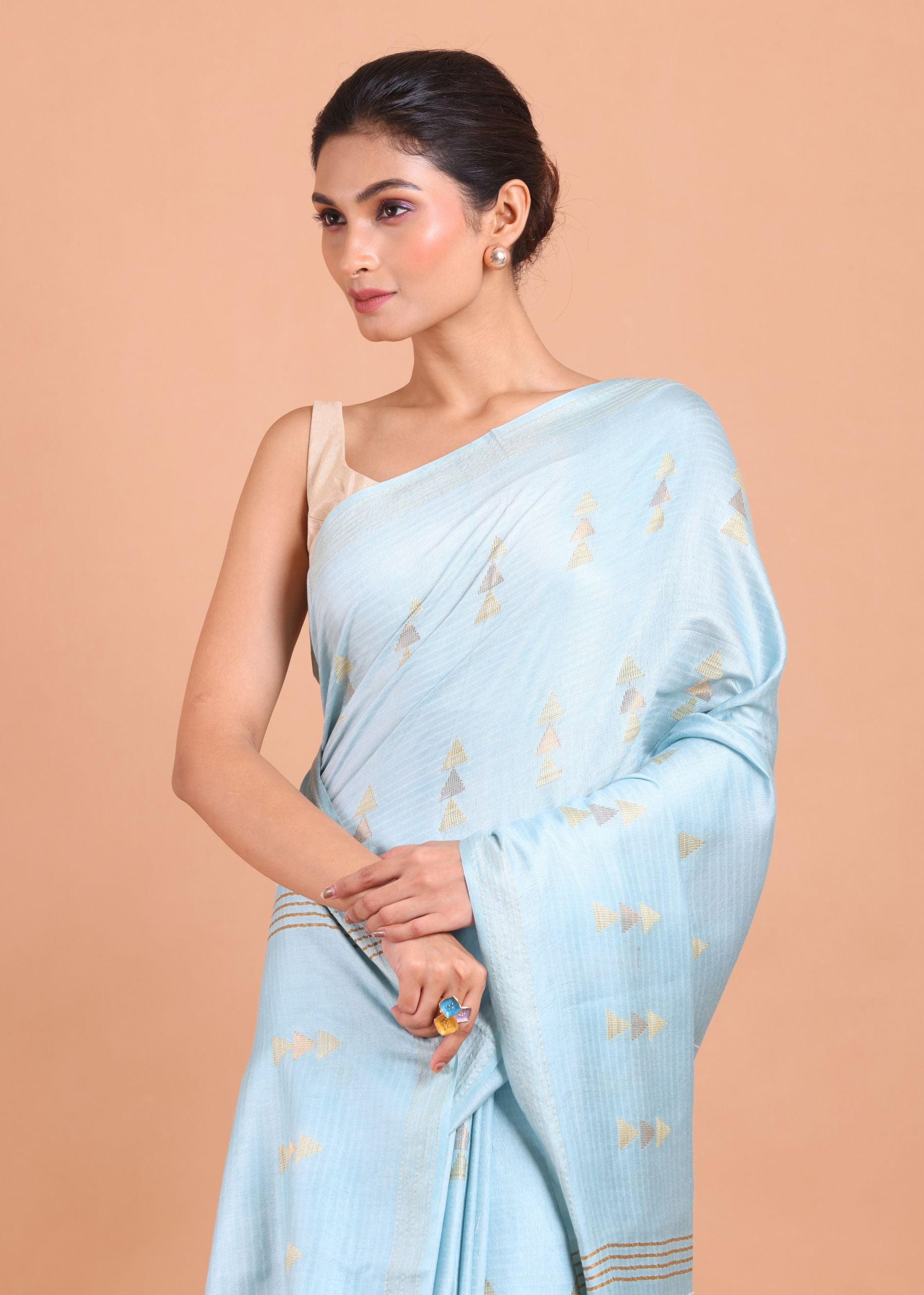 Light Blue Handloom Chanderi Silk Saree close up