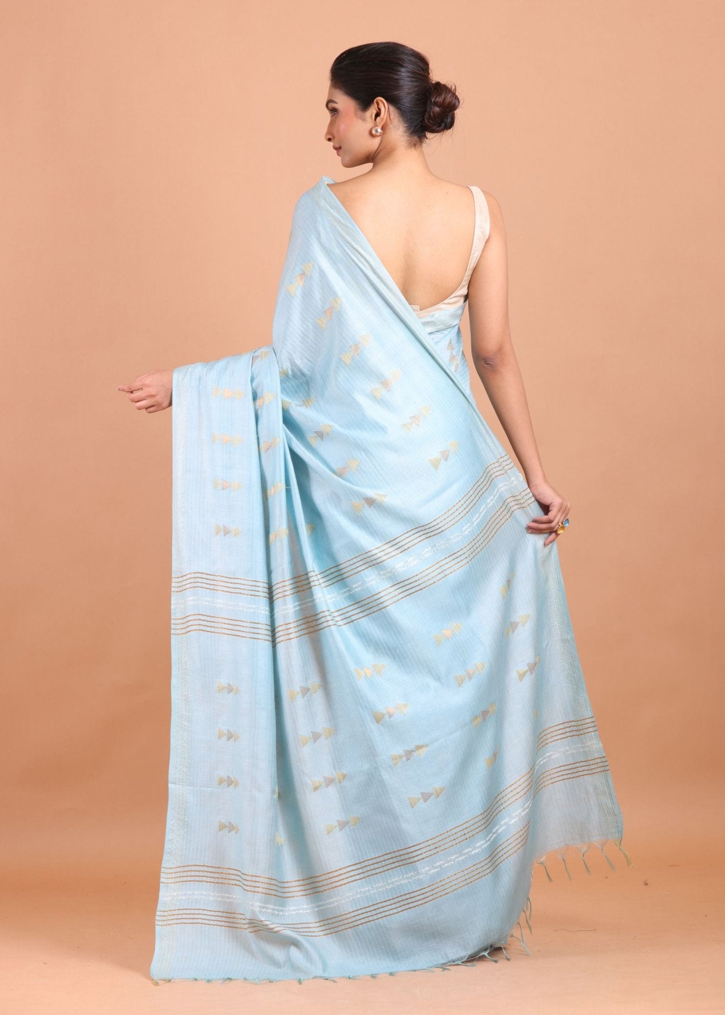 Light Blue Handloom Chanderi Silk Saree - Anvi Couture