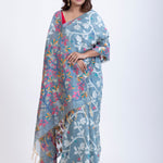 Light Blue Handloom Jamdani Saree with White and Pink Floral Woven Full