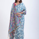Light Blue Handloom Jamdani Saree with White and Pink Floral Woven Full