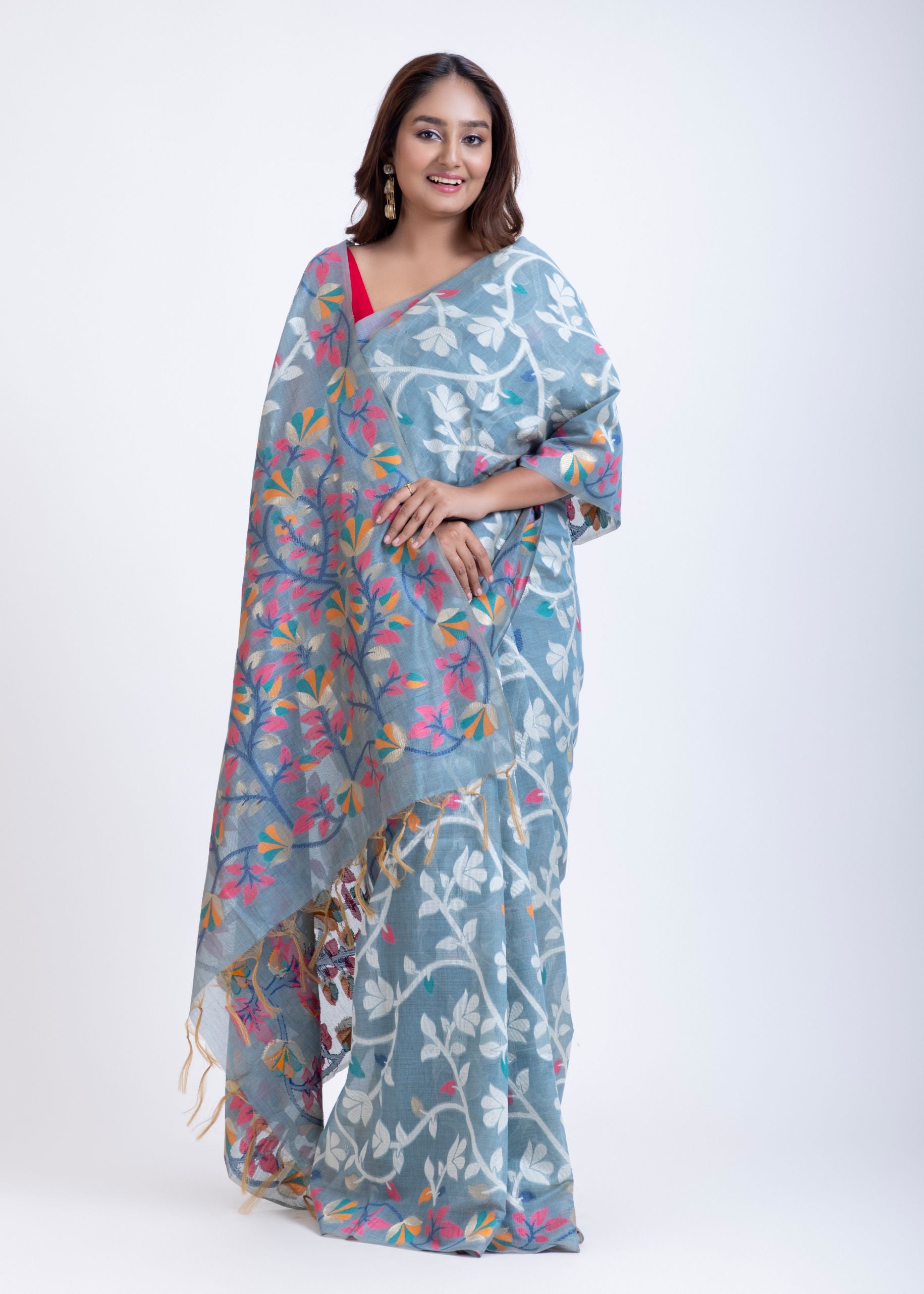 Light Blue Handloom Jamdani Saree with White and Pink Floral Woven Full