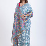 Light Blue Handloom Jamdani Saree with White and Pink Floral Woven Front