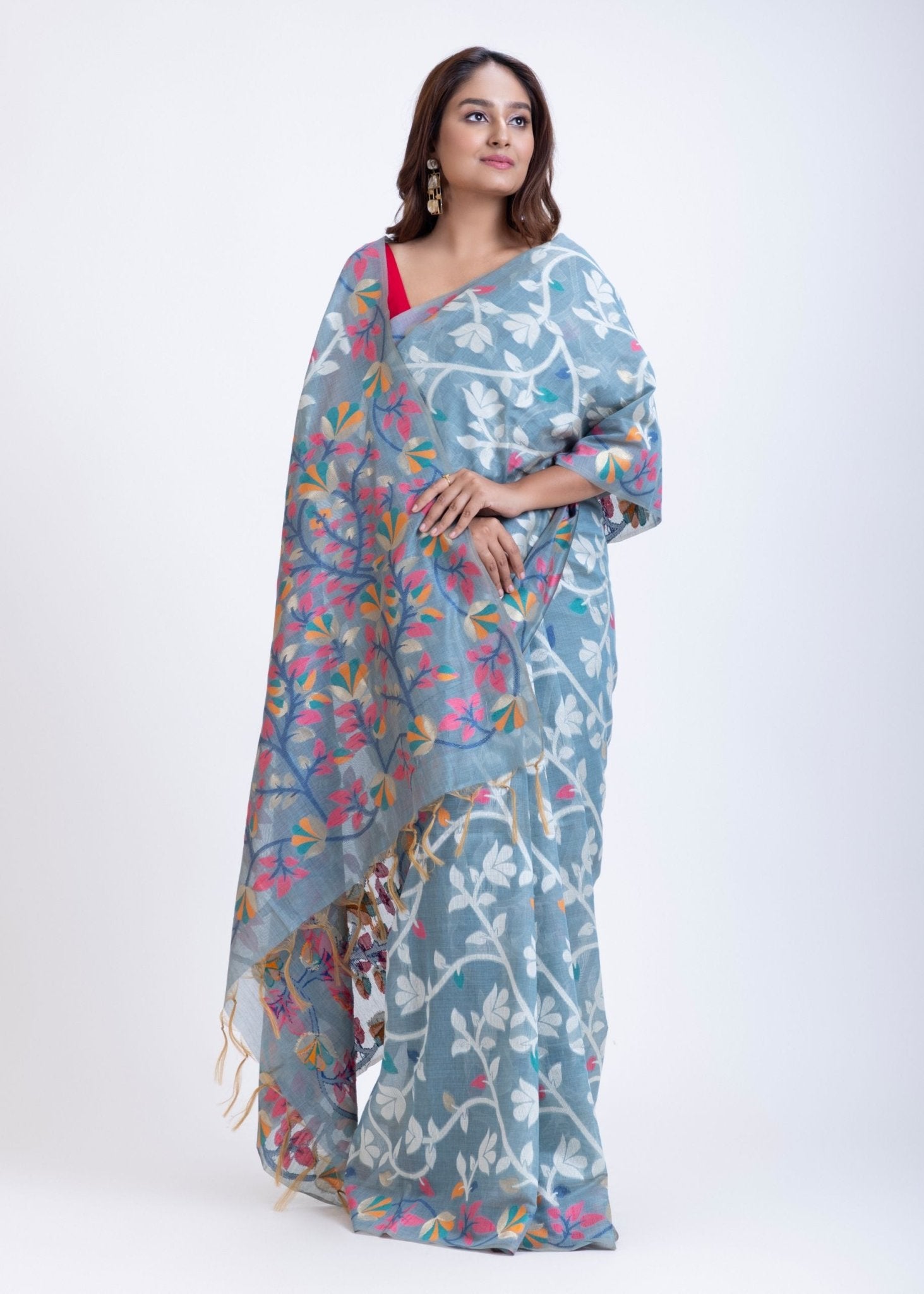Blue Handloom Jamdani Saree with White and Pink Floral Woven - Anvi Couture