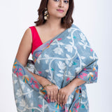 Light Blue Handloom Jamdani Saree with White and Pink Floral Woven Close Up