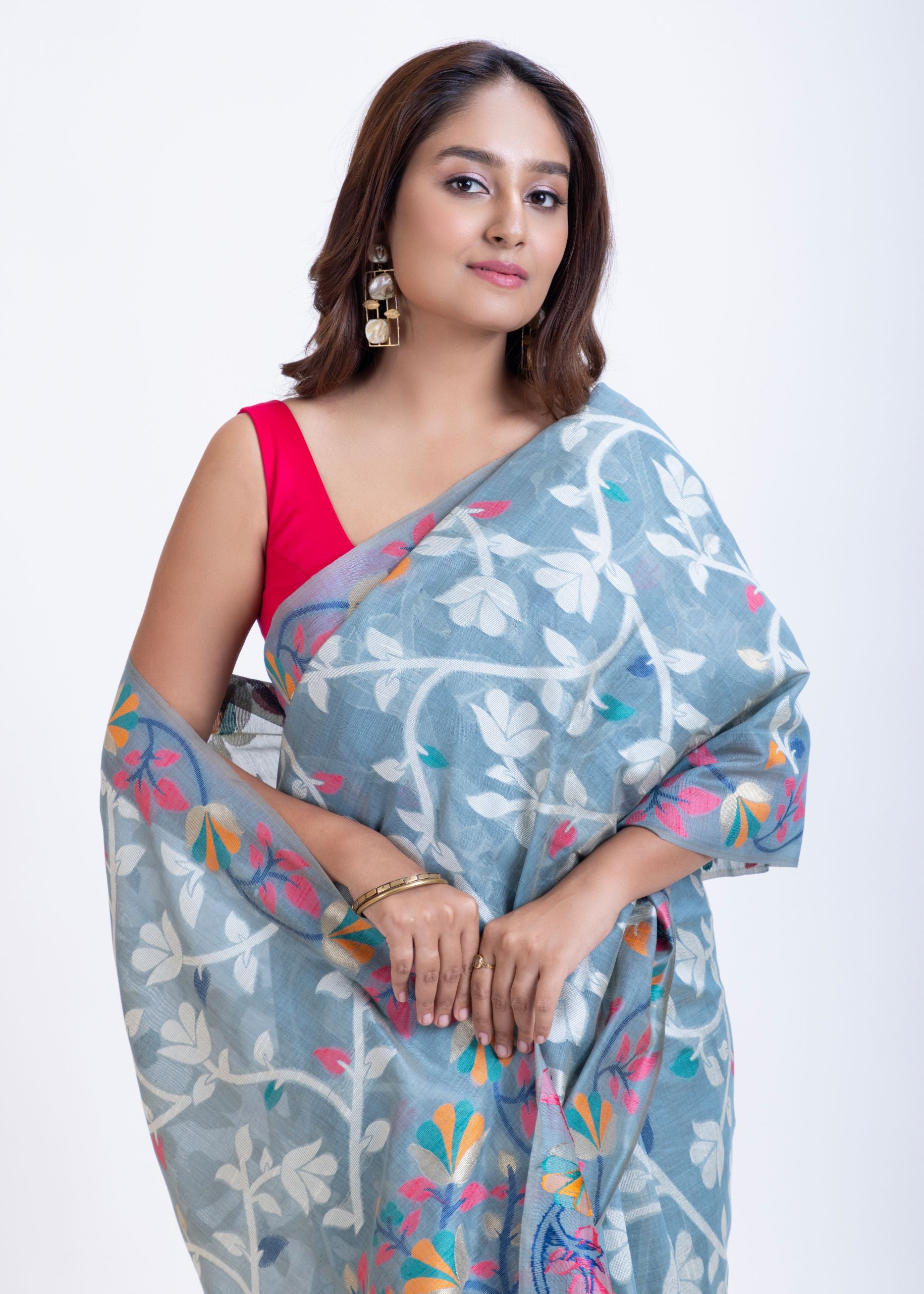 Light Blue Handloom Jamdani Saree with White and Pink Floral Woven Close Up