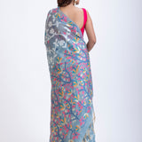 Light Blue Handloom Jamdani Saree with White and Pink Floral Woven Back