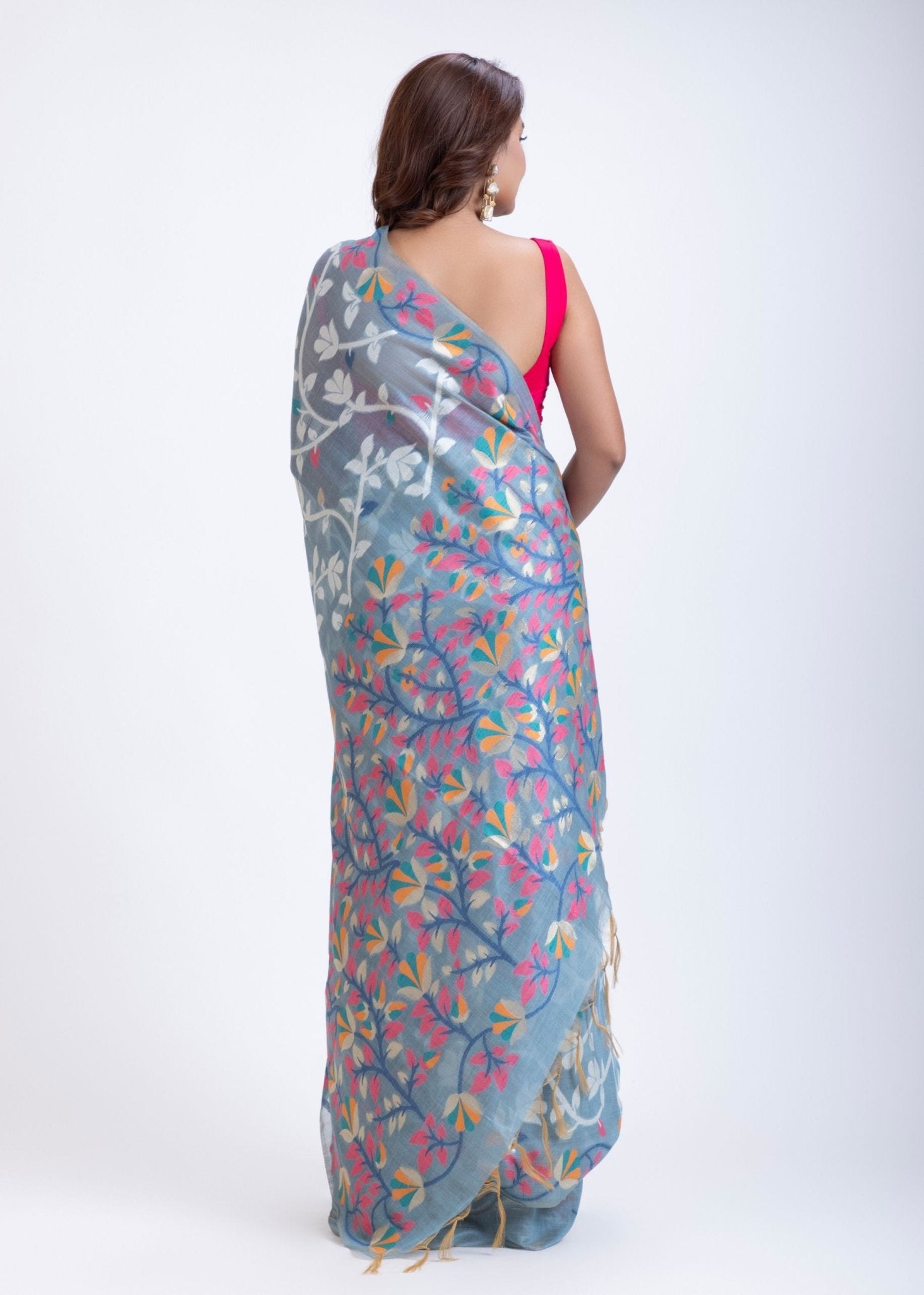 Blue Handloom Jamdani Saree with White and Pink Floral Woven - Anvi Couture