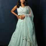 Light Blue Lehenga Choli Set with Mirror and Embroidery Work