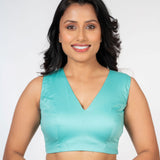 Light Blue V Neck Cotton Blouse With Back Closer Front