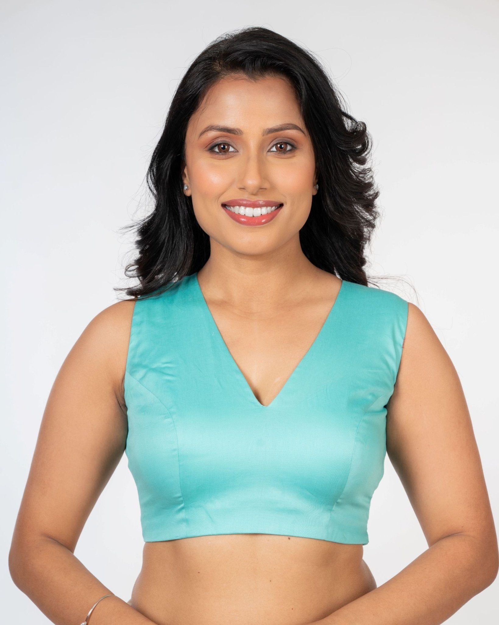 Light Blue V Neck Cotton Blouse With Back Closer - Anvi Couture