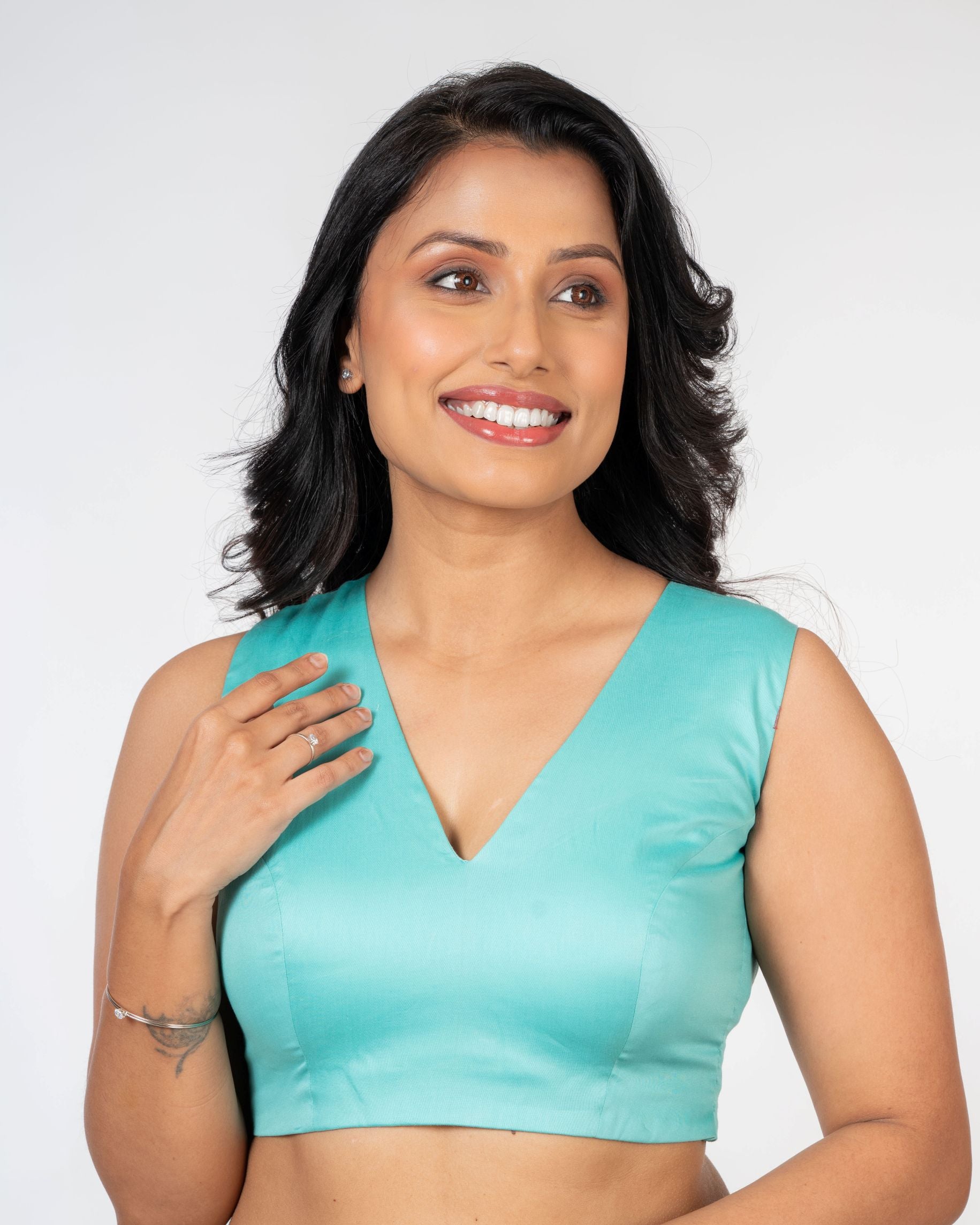 Light Blue V Neck Cotton Blouse With Back Closer Side