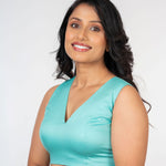 Light Blue V Neck Cotton Blouse With Back Closer Another Side