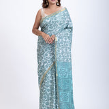 Light Blue & White Cotton Printed Saree with Golden Border - Anvi Couture
