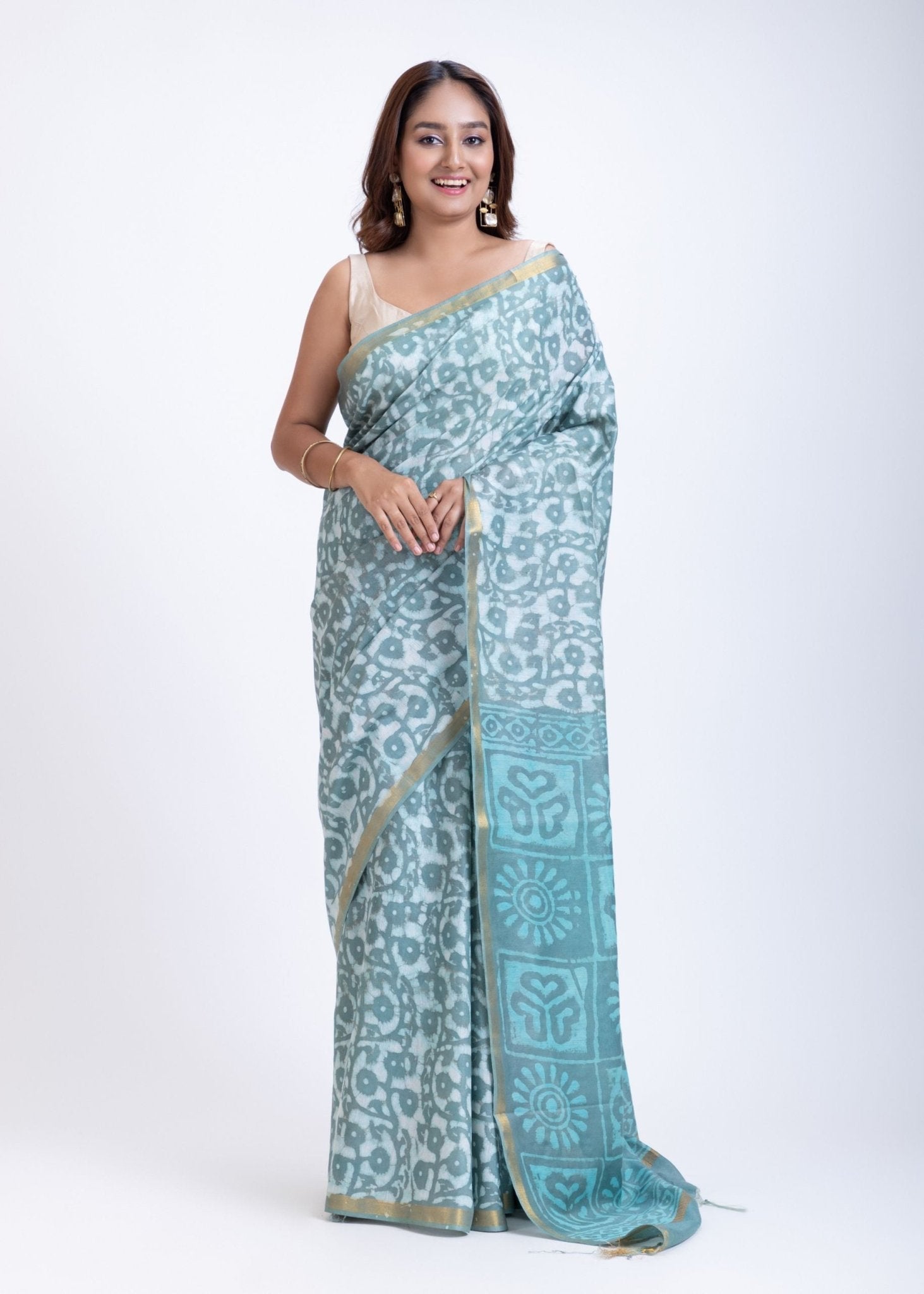 Light Blue & White Cotton Printed Saree with Golden Border - Anvi Couture