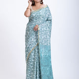 Light Blue & White Cotton Printed Saree with Golden Border - Anvi Couture