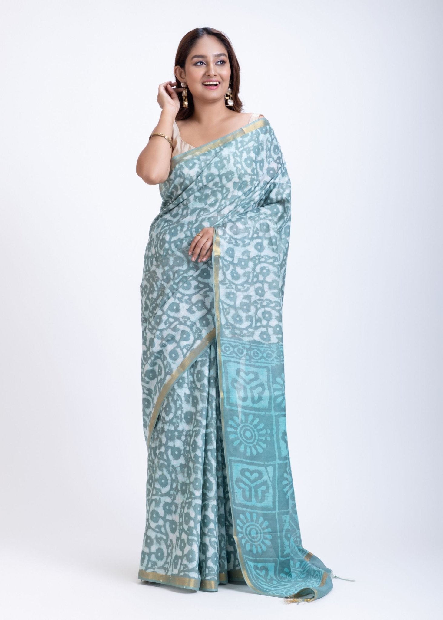 Light Blue & White Cotton Printed Saree with Golden Border - Anvi Couture