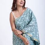 Light Blue & White Cotton Printed Saree with Golden Border - Anvi Couture