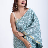 Light Blue & White Cotton Printed Saree with Golden Border - Anvi Couture