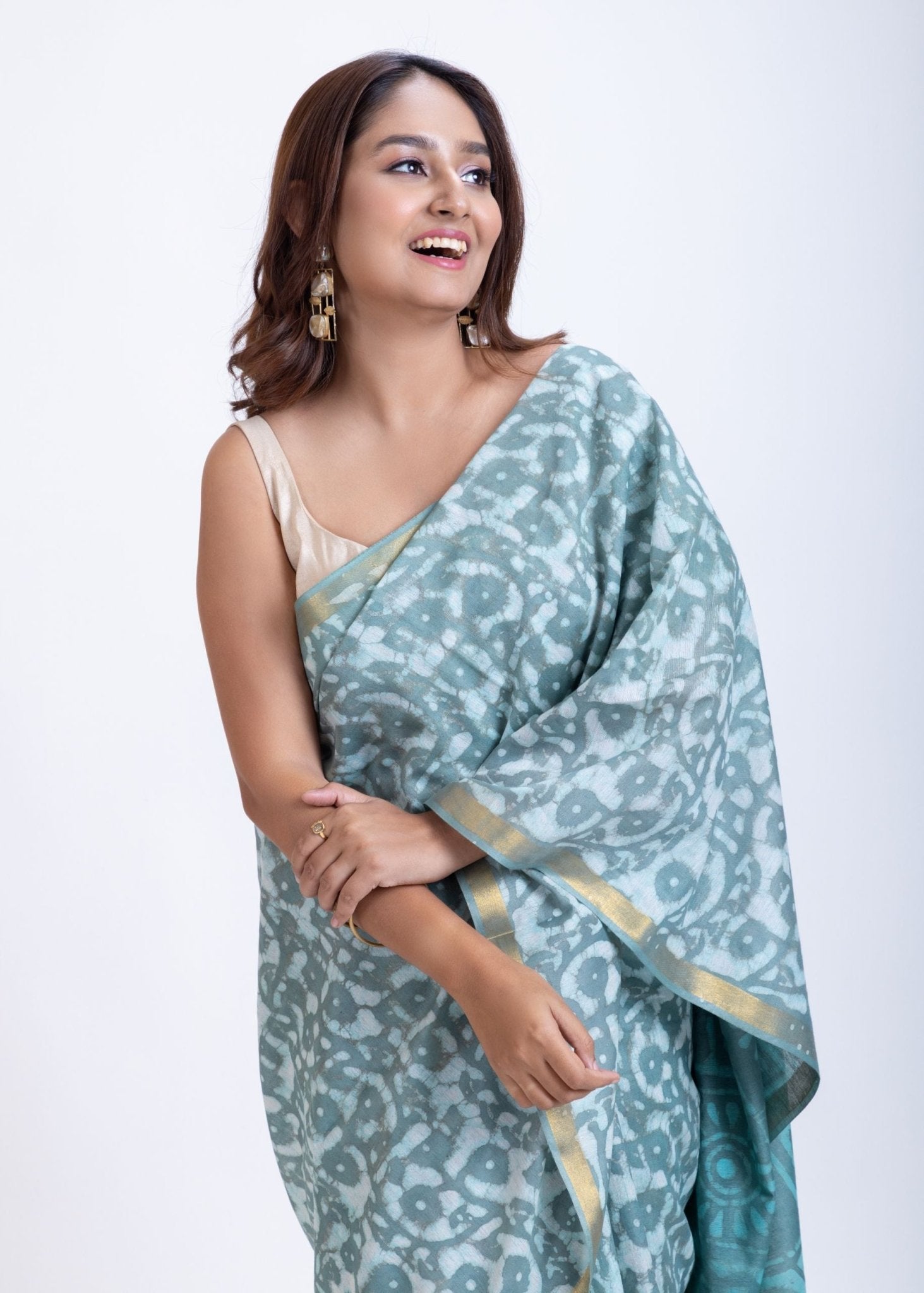 Light Blue & White Cotton Printed Saree with Golden Border - Anvi Couture