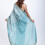 Light Blue & White Cotton Printed Saree with Golden Border - Anvi Couture