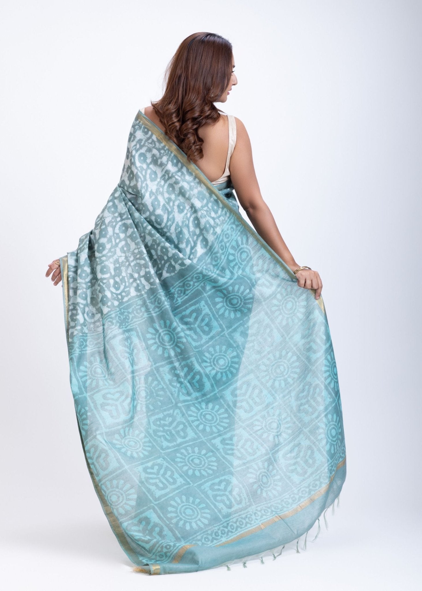 Light Blue & White Cotton Printed Saree with Golden Border - Anvi Couture