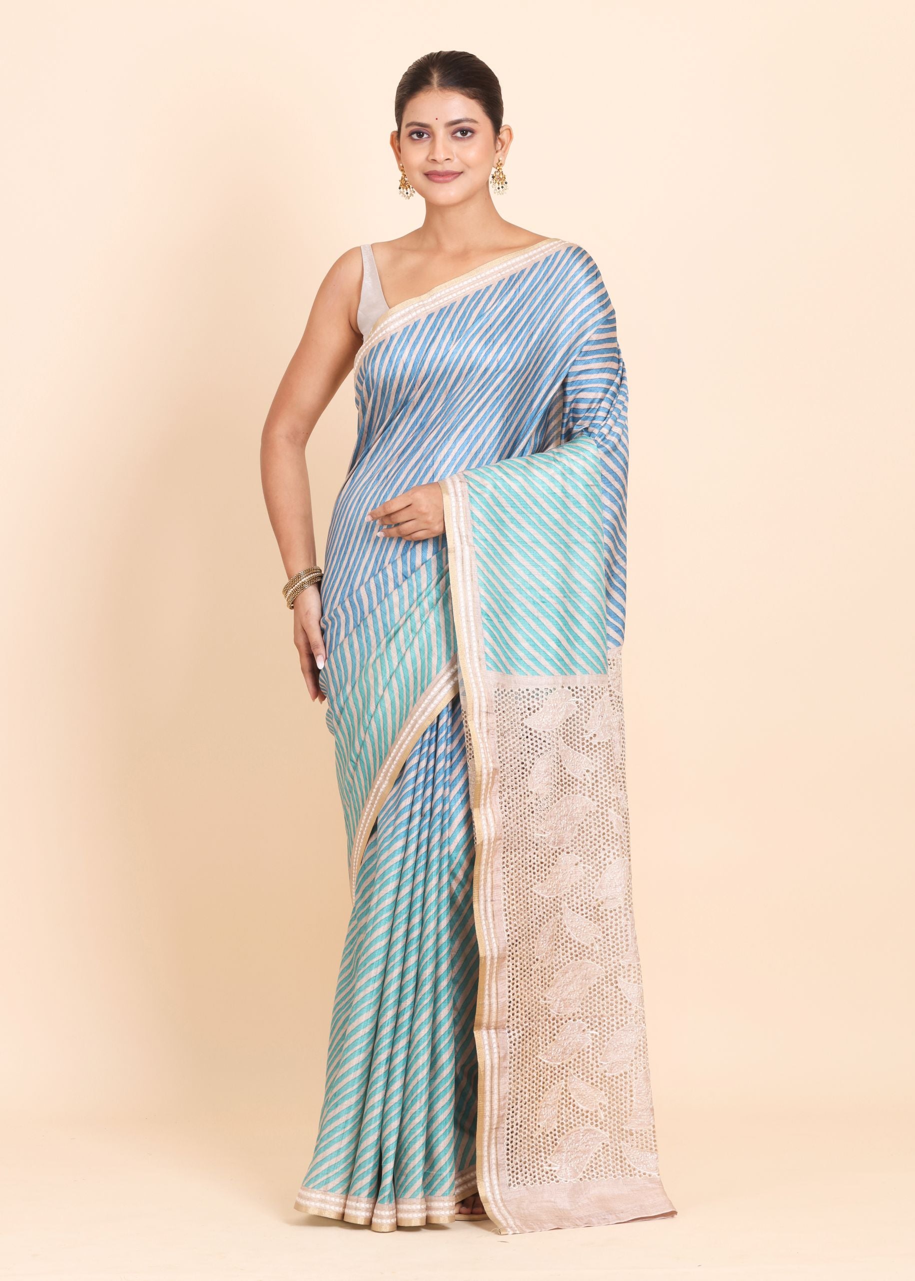 Light Blue and Off White Leheriya Saree with Cutwork Embroidery Full