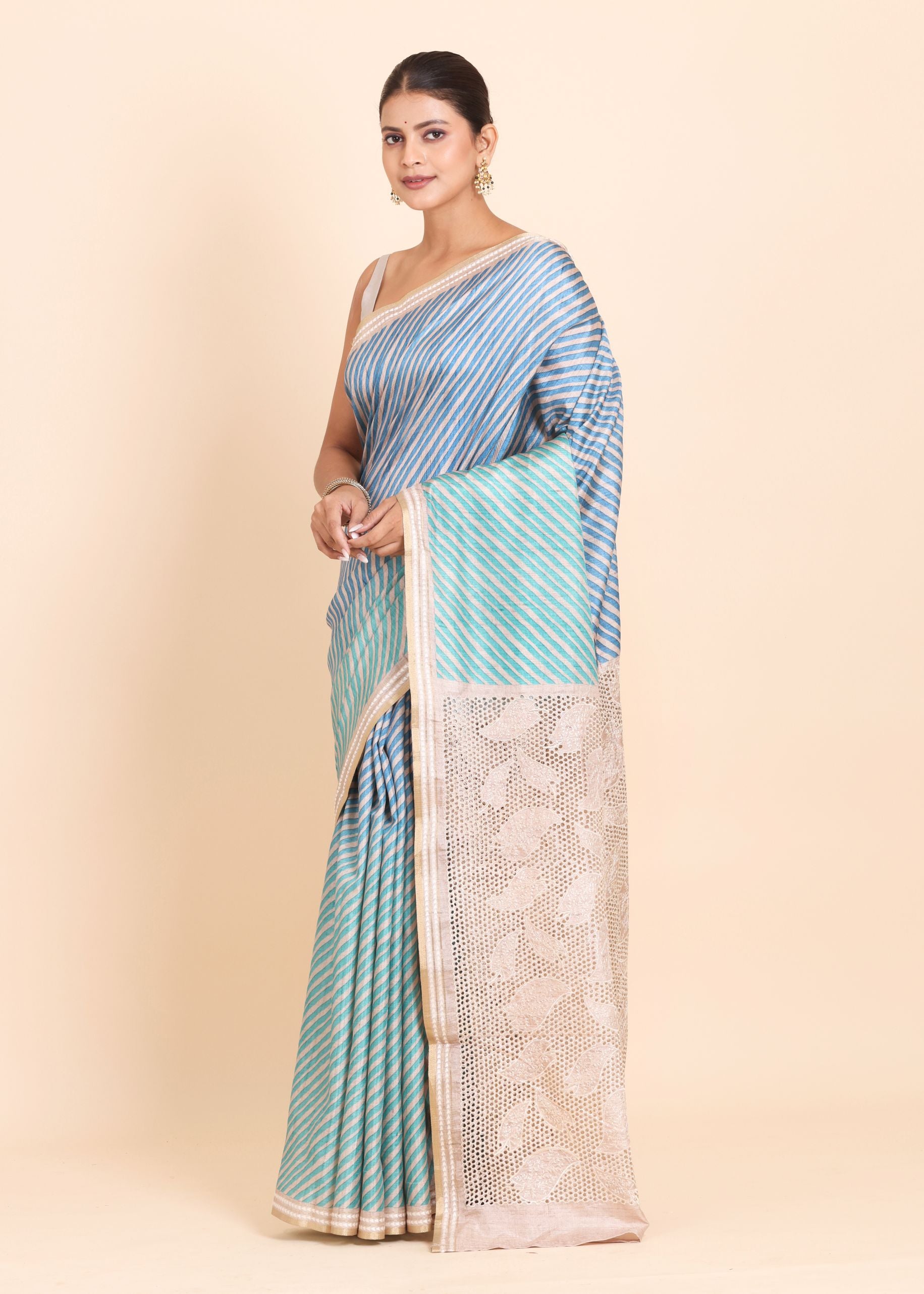 Light Blue and Off White Leheriya Saree with Cutwork Embroidery Side