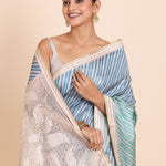 Light Blue and Off White Leheriya Saree with Cutwork Embroidery - Anvi Couture