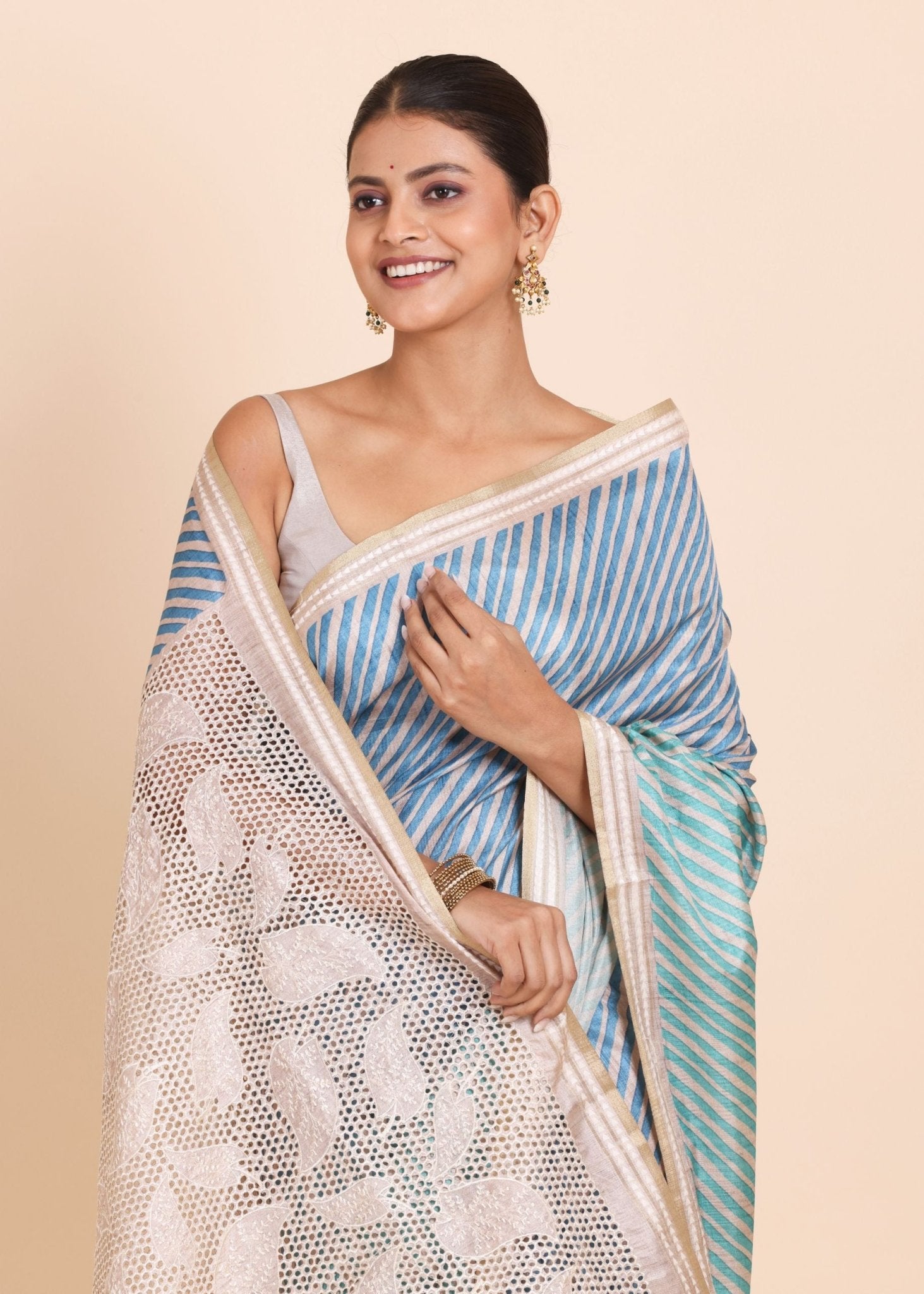 Light Blue and Off White Leheriya Saree with Cutwork Embroidery - Anvi Couture