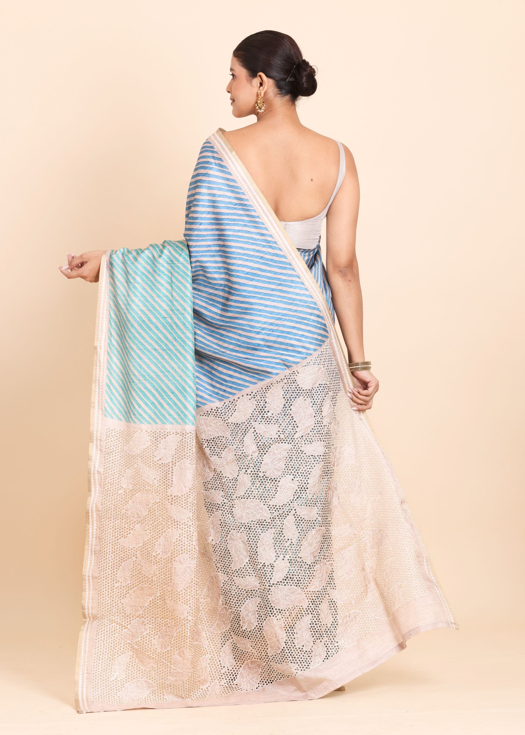 Light Blue and Off White Leheriya Saree with Cutwork Embroidery Back