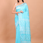 Light Blue and White Printed Pure Silk Saree Full view