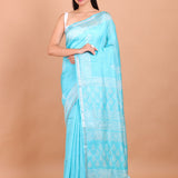 Light Blue and White Printed Pure Silk Saree Full view