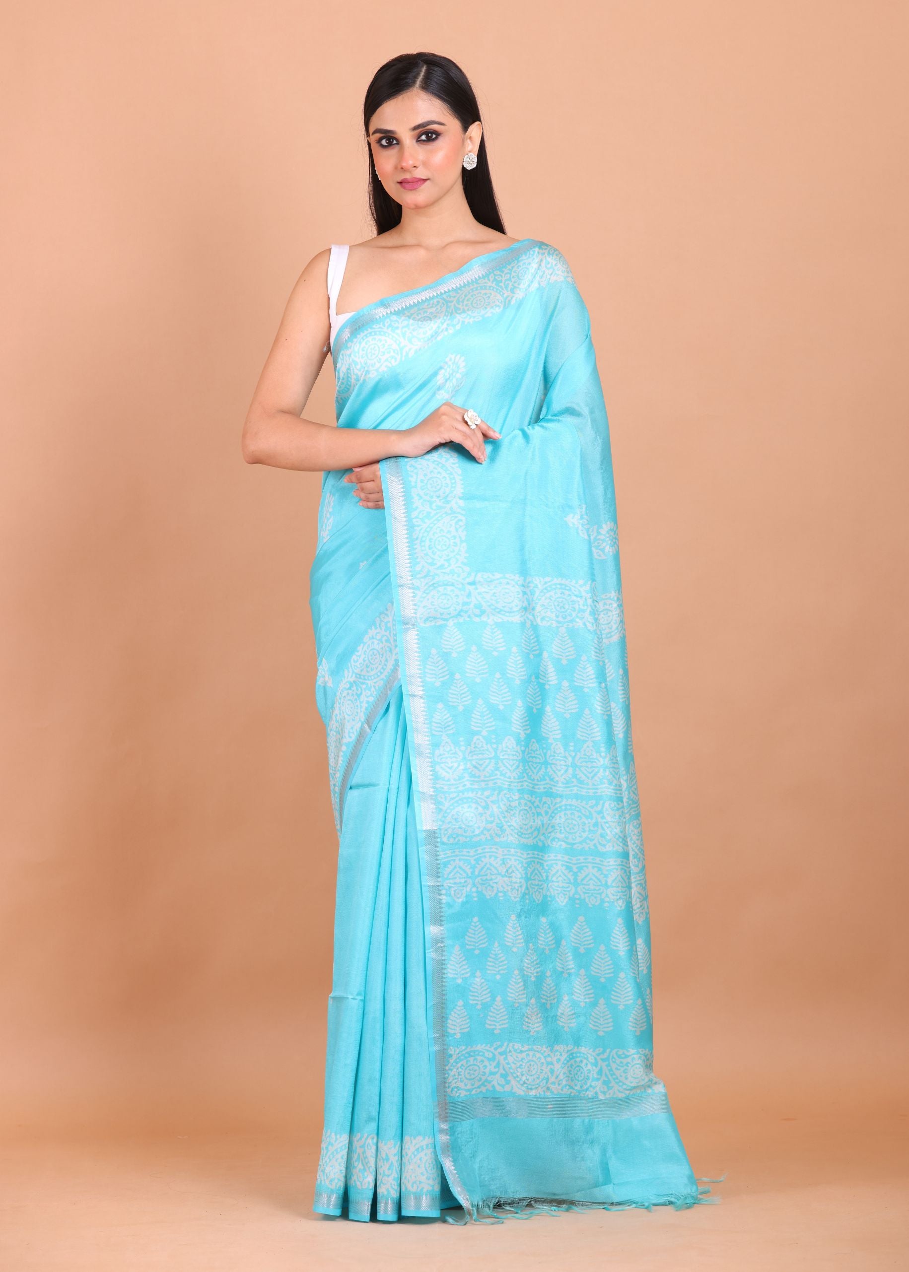 Light Blue and White Printed Pure Silk Saree Full view