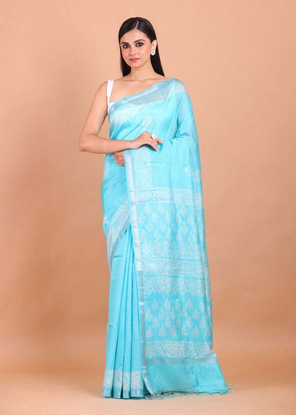 Light Blue and White Printed Pure Silk Saree Full view