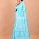 Light Blue and White Printed Pure Silk Saree Side View