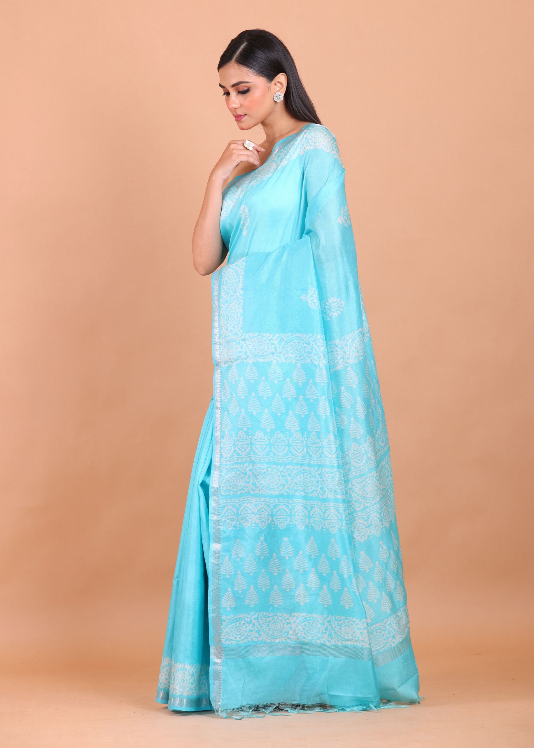 Light Blue and White Printed Pure Silk Saree Side View
