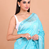 Light Blue and White Printed Pure Silk Saree Close Up