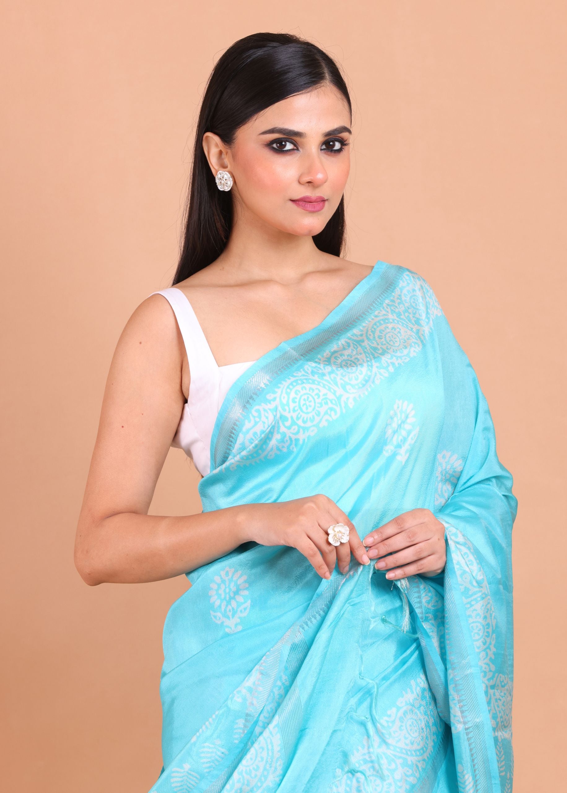 Light Blue and White Printed Pure Silk Saree Close Up