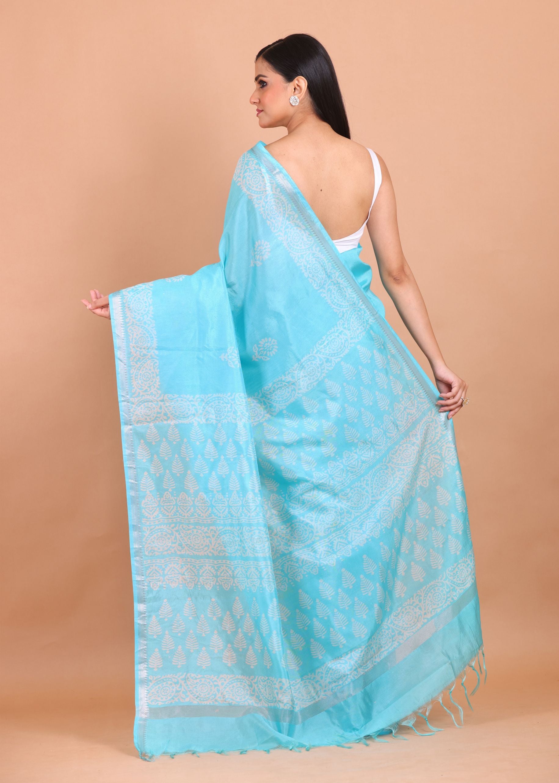 Light Blue and White Printed Pure Silk Saree Back
