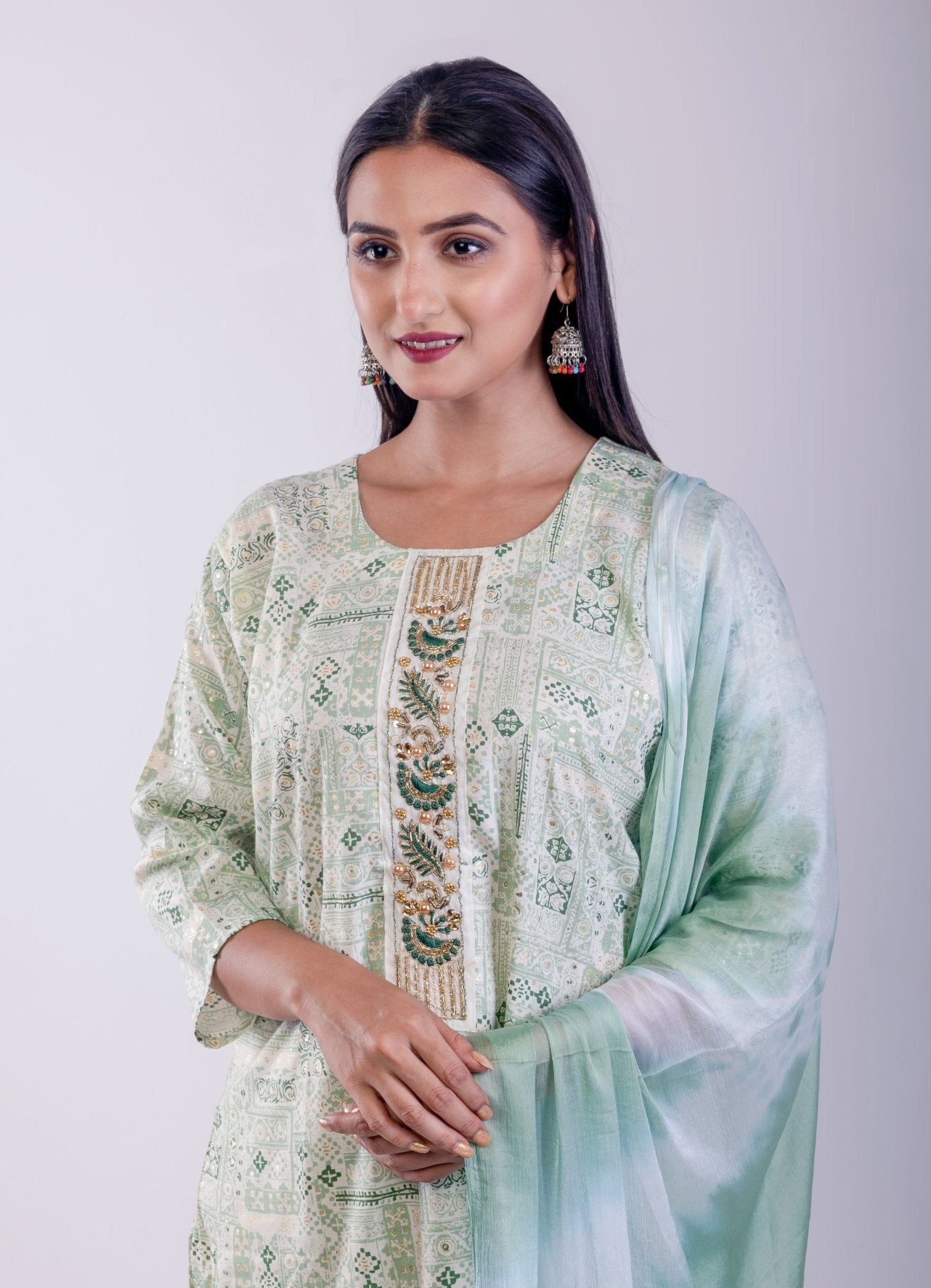 Light Green Cotton Printed Straight Kurta with Embroidered Work - Anvi Couture